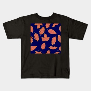 Leaves Pattern - Red and Mustard on Navy Kids T-Shirt